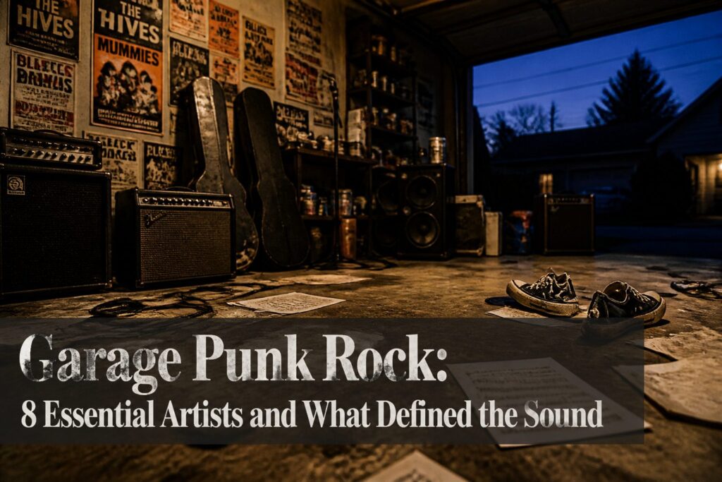 Collage of garage punk rock artists and scenes.