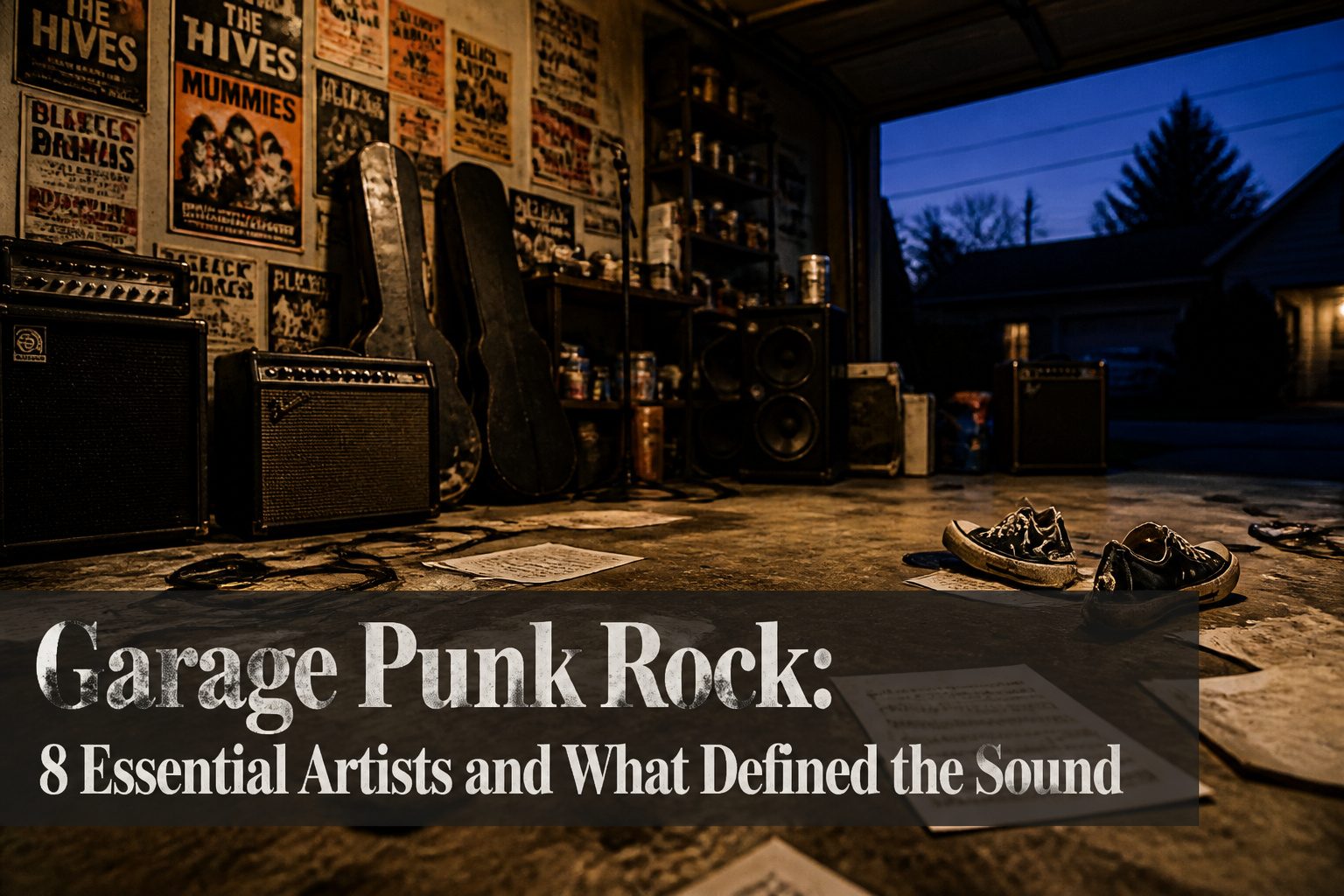 Collage of garage punk rock artists and scenes.