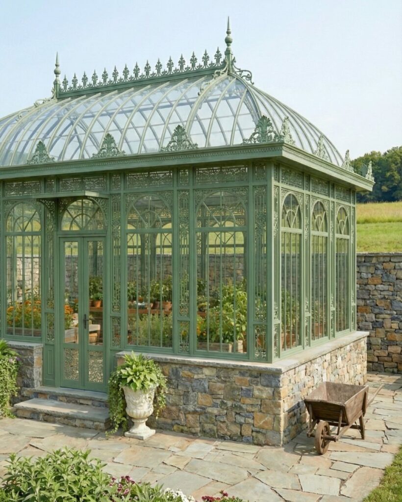 Ornate green iron and glass greenhouse with decorative metalwork sitting on a stone foundation outdoors.