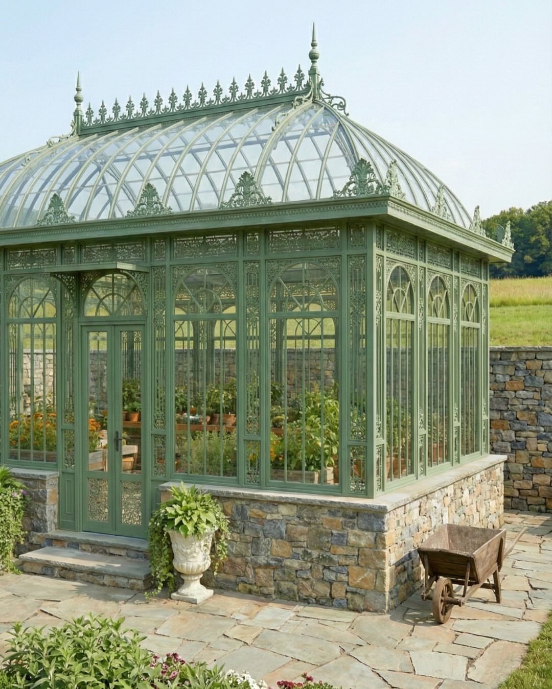 Ornate green iron and glass greenhouse with decorative metalwork sitting on a stone foundation outdoors.
