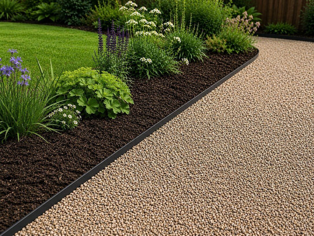 A dark garden bed with green plants and purple flowers bordered by black edging next to gravel.