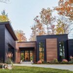 Modern house with dark charcoal siding and warm wood-toned accent panels amidst autumn trees.