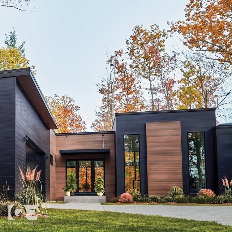 Modern house with dark charcoal siding and warm wood-toned accent panels amidst autumn trees.
