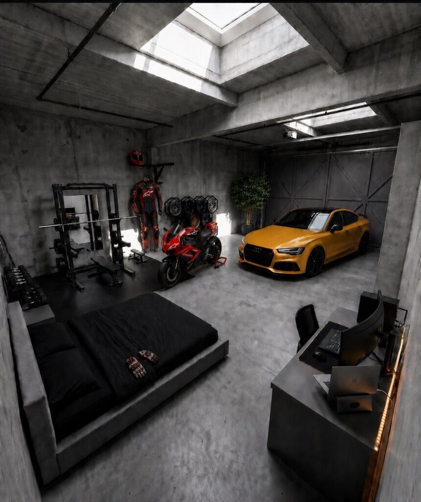 A modern concrete garage containing a yellow car, gym equipment, a bed, and a workspace.