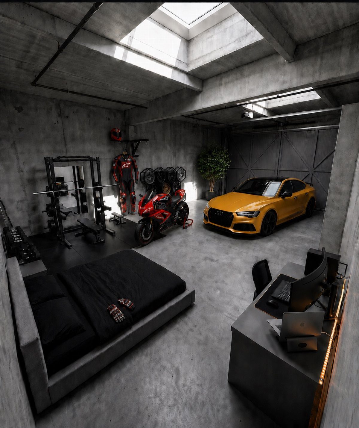 A modern concrete garage containing a yellow car, gym equipment, a bed, and a workspace.