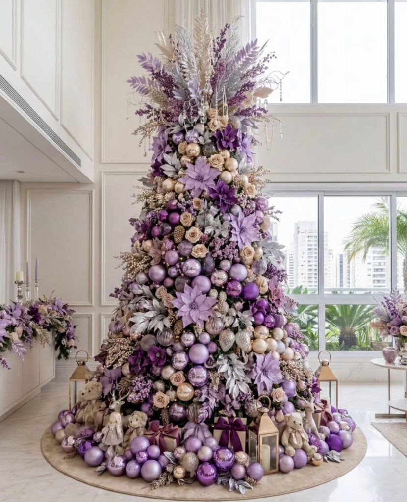 A tall Christmas tree decorated with purple, lavender, and gold ornaments and flowers.