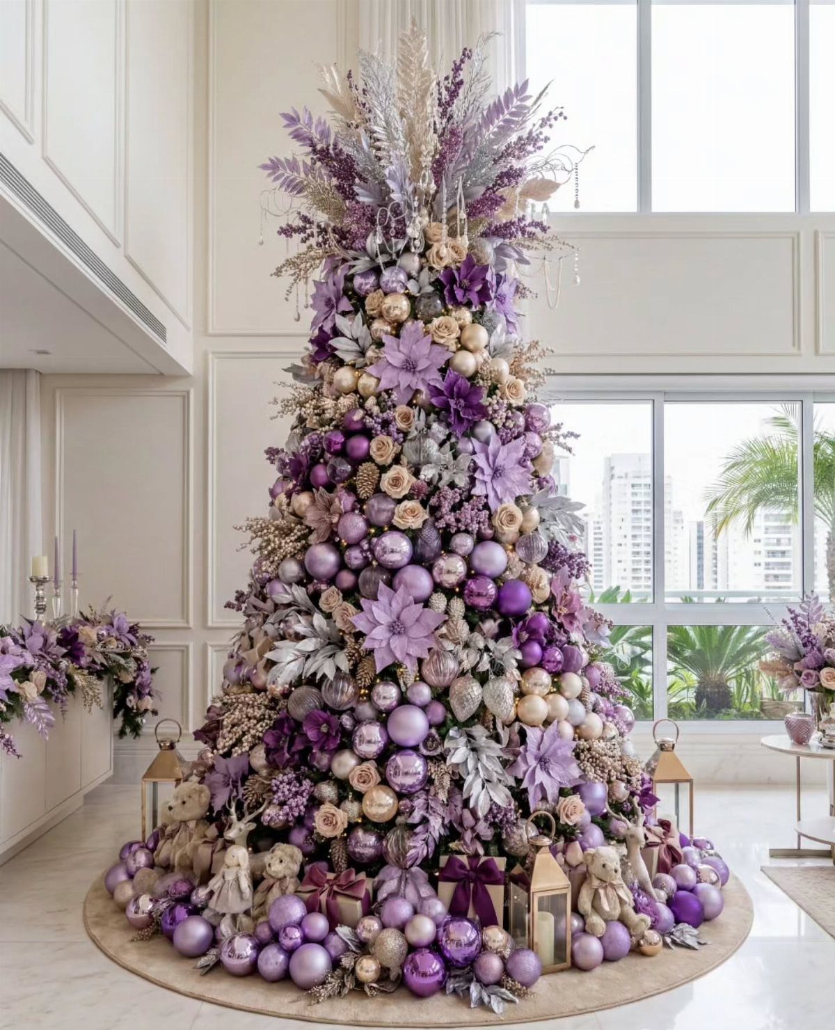 A tall Christmas tree decorated with purple, lavender, and gold ornaments and flowers.