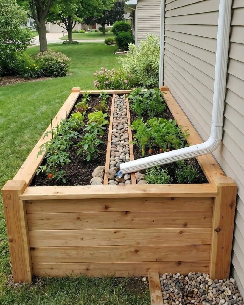 A wooden raised garden bed containing green plants and a central stone drainage channel.
