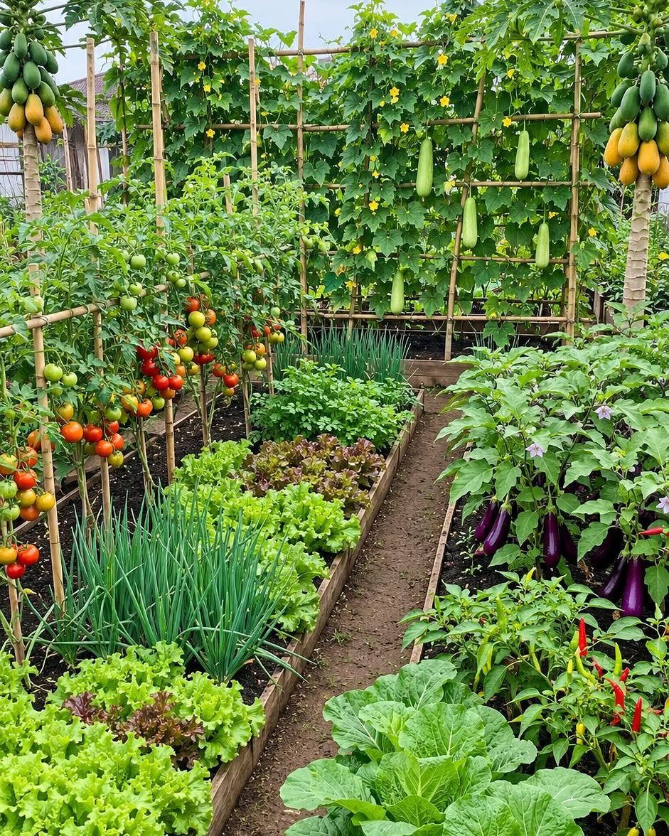 Lush vegetable garden with organized rows of lettuce, onions, eggplants, and climbing gourds on trellises.